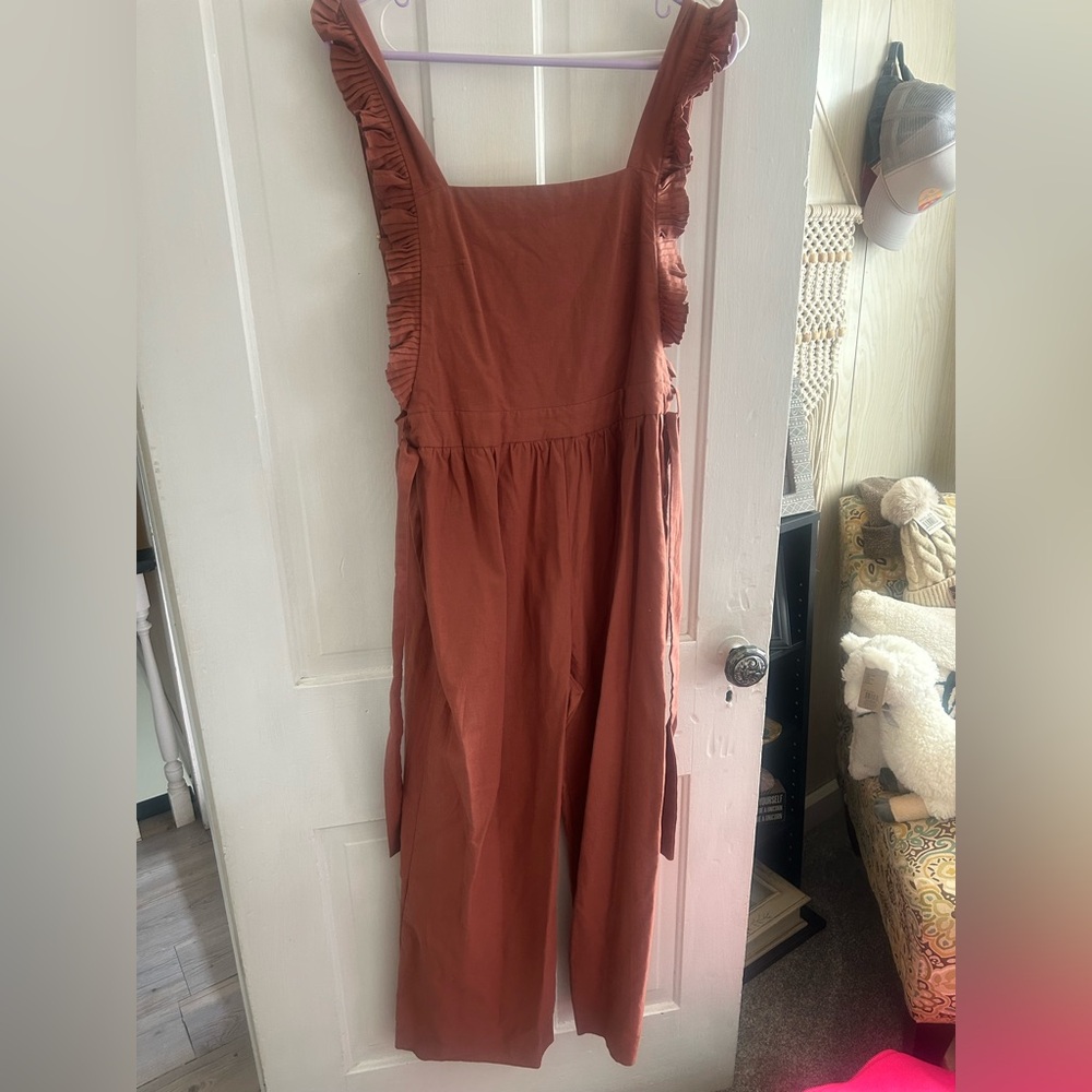 Storia Terracotta Jumpsuit with Ruffle Straps